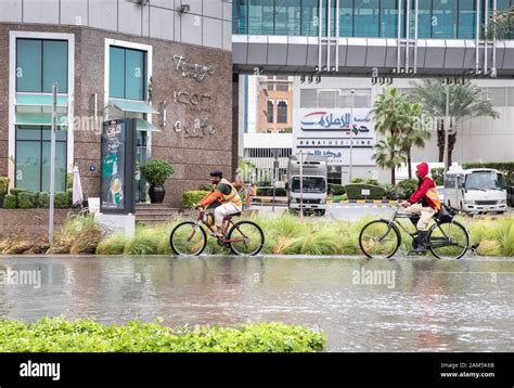 Dubai United Arab Emirates 11 January 2020 People On Bikes In