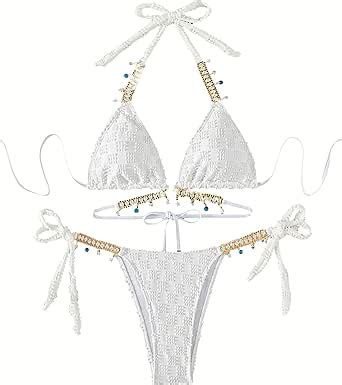 Amazon SweatyRocks Women S 2 Piece Bikini Set Rhinestone Halter Triangle Bikini Bathing