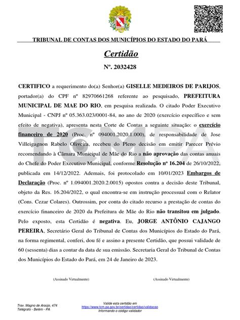 Certidão Negativa Prefeitura - Certidão negativa sobre a prestação de contas da Prefeitura Municipal ...