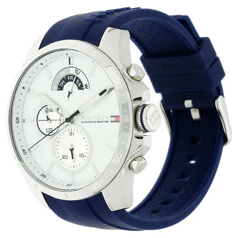 Tommy Hilfiger Mens Quartz Blue Silicone Strap White Dial 46mm Watch