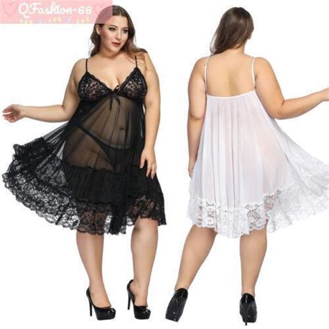 Plus Size Women Sexy Lingerie Lace Night Dress See Through Sleepwear