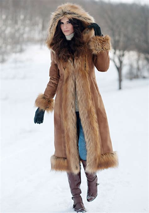 Tobacco Faux Suede And Fur Full Length Coat Fabulous Furs Womens Faux