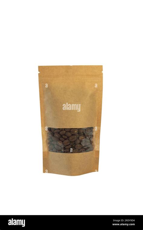 Brown Kraft Paper Pouch Bags With Coffee Beans Front View Isolated On A