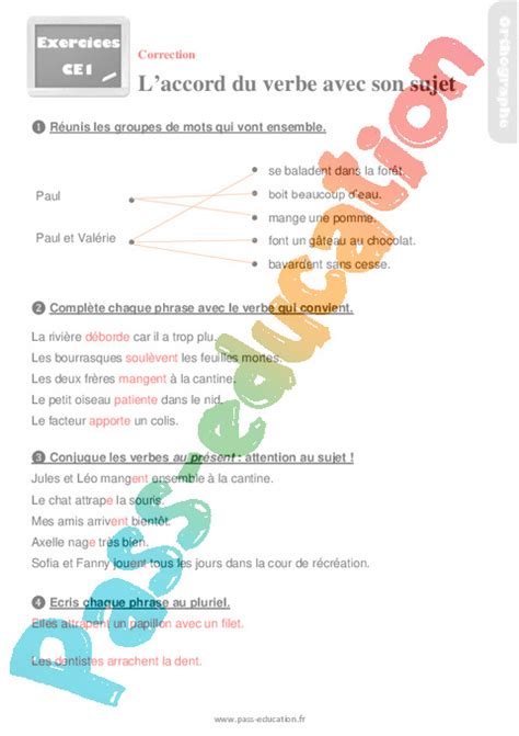 Laccord Du Verbe Avec Le Sujet Exercices R Visions Eme Primaire