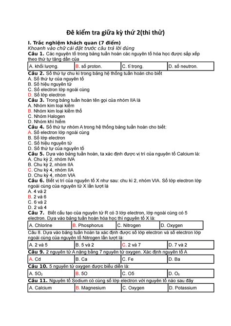 đề kiểm tra thử lần 21 Đềề ki m tra giể ữa kỳ th ứ 2 thi th ử I
