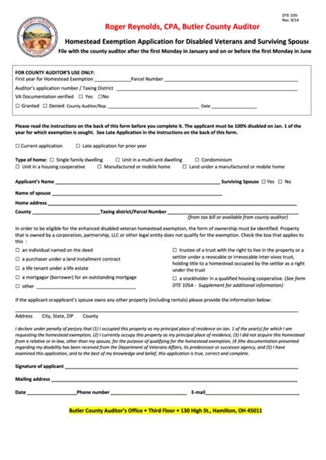 Fillable Form Dte 105i Homestead Exemption Application For Disabled