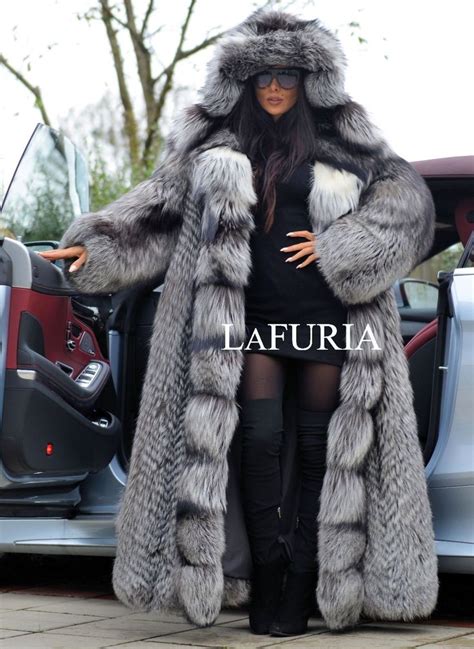 Luxurious Platinum Fox Fur Long Coat With Hood