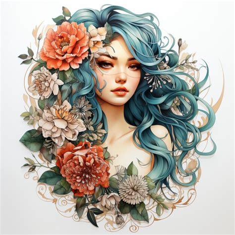 Premium AI Image There Is A Woman With Blue Hair And Flowers In Her