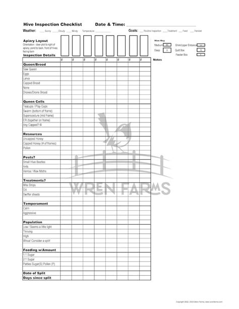 Hive Inspection Checklist For Hives Labeled By Number 1 2 Etc Etsy