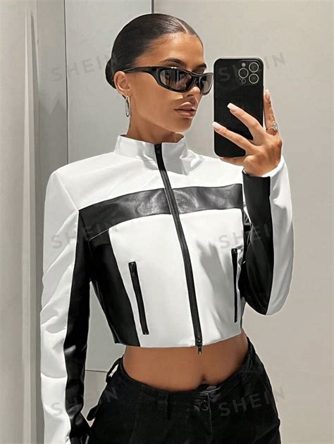 Shein Icon Bikercore Colorblock Zip Up Crop Jacket Shein Usa