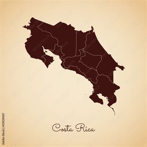 Costa Rica Region Map Retro Style Brown Outline On Old Paper