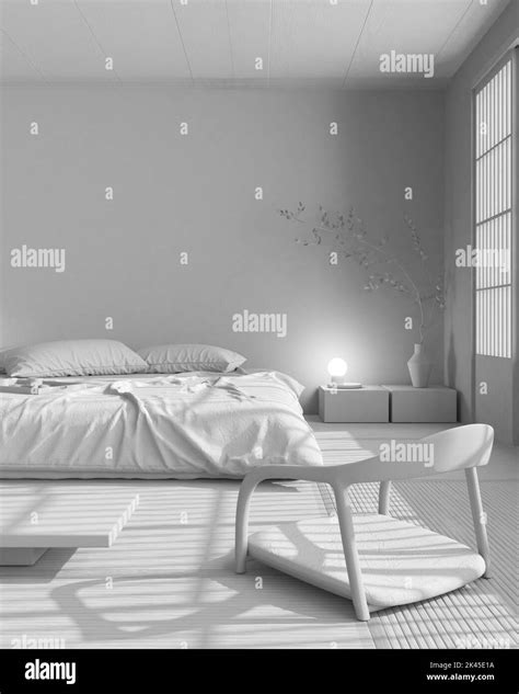 Total White Project Draft Japandi Bedroom Mock Up Bed With Pillows Wallpaper Japanese