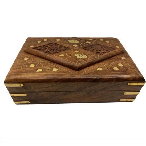 Brown Polished Neutral Sheesham Hand Carved Wooden Box For Home