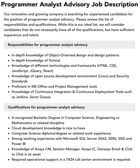 Programmer Analyst Advisory Job Description Velvet Jobs