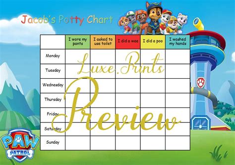 Paw Patrol Potty Toilet Training Star Reward Chart Tracker Personalised