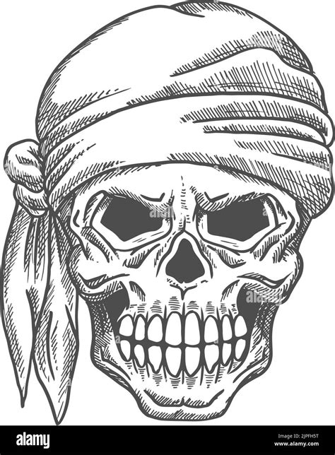 Pirate Skull In Bandana Isolated Human Skeleton Head Sketch Vector