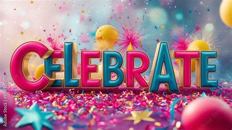 3D gold letters spelling out “Celebrate” with a party-themed background