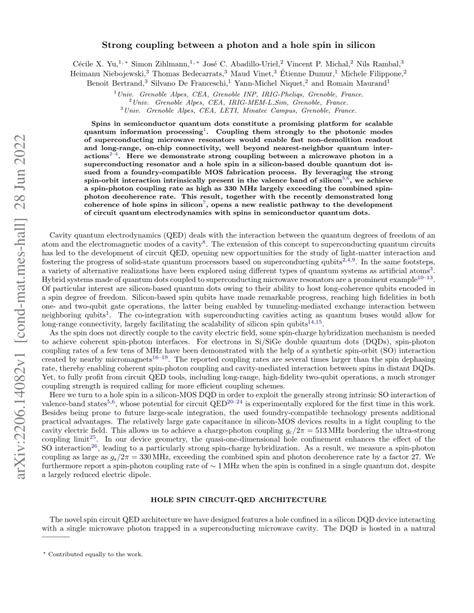 Pdf Strong Coupling Between A Photon And A Hole Spin In Silicon