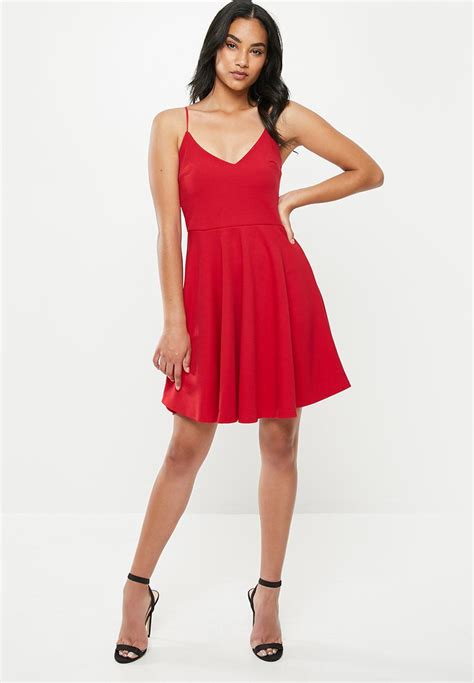 Petite Strappy Scuba Skater Dress Red Missguided Dresses