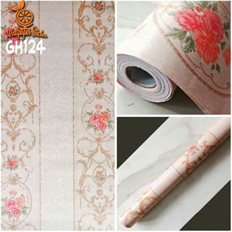 Jual Wallpaper Sticker Dinding Motif Garis Krem Bunga Ukuran Cm X