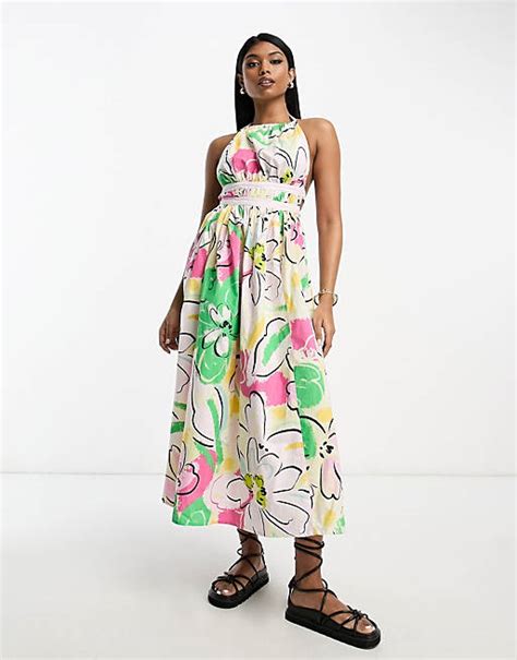 Asos Design Halter Midi Sundress With Strappy Back In Abstract Print Asos