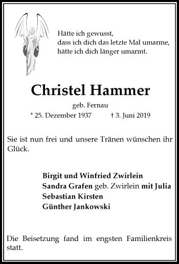 Traueranzeigen Von Christel Hammer Trauer In Nrw De