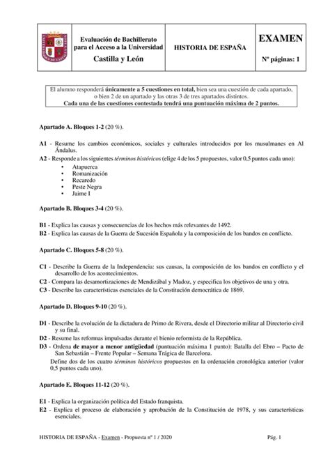 Examen De Ebau Historia De Espana Septiembre 2020 Pdf