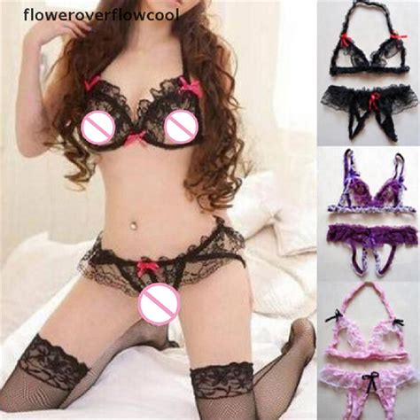 Fcmx Women S Sexy Lace Open Crotch Thongs G String Bikini Lingerie Underwear Bra Set Shopee