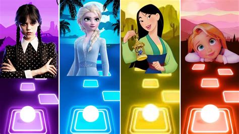 Wednesday Addams Vs Frozen Elsa Vs Mulan Vs Tangled I See The Light Tiles Hop Let It Go Youtube