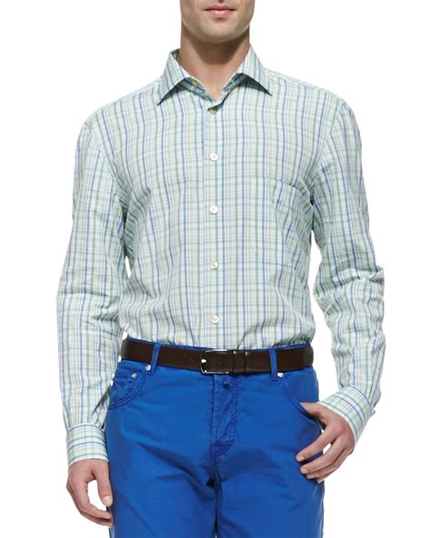 Kiton Check Button Down Shirt In Green For Men Lyst