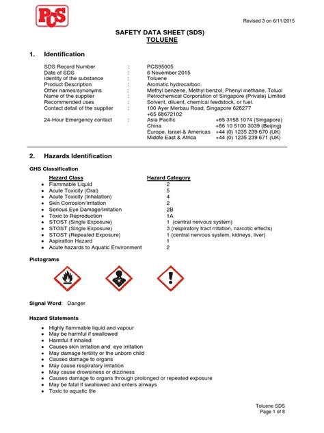 Safety Data Sheet Sds Toluene 1 Identification Ghs Classification