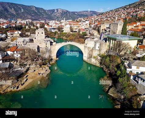 Aerial Drone View Of The Old Bridge In Mostar City In Bosnia And