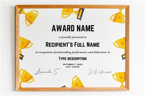 Editable Trophy Award Certificate template, printable