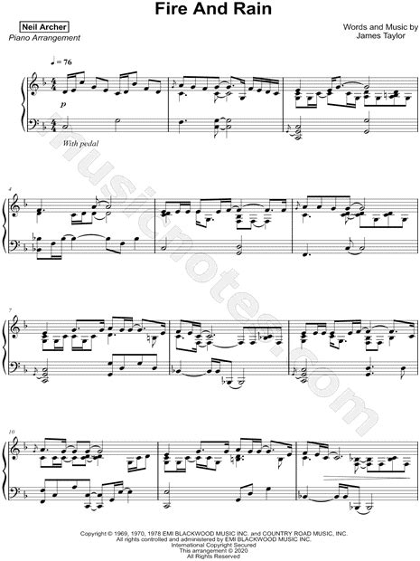 Neil Archer Fire And Rain Sheet Music Piano Solo In F Major