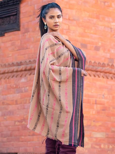 Cuban Sand Dhaka Pattern Pure Pashmina Cashmere Stole From Nepal