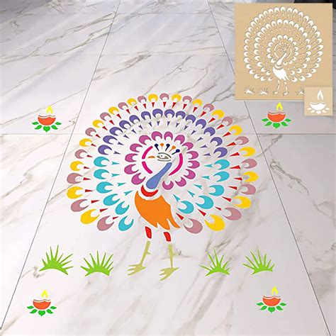 Peacock Rangoli Design - Wood Rangoli Stencil with Diya - Incredible Gifts