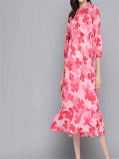 Buy Mast And Harbour Floral Print Tie Up Neck Puff Sleeves A Line Midi