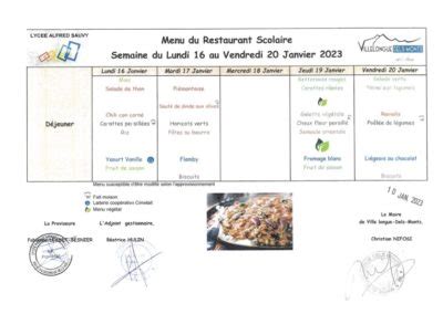 Menu Du Restaurant Scolaire Semaine Du 16 Au 20 Janvier 2023 Mairie