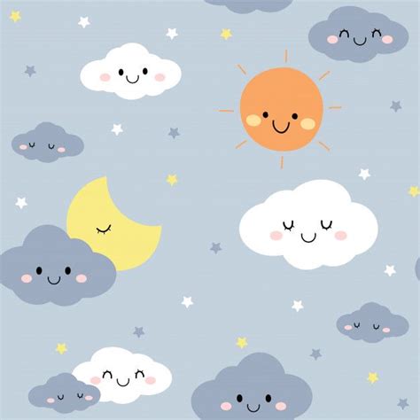 Cute Night Sky Cloud Star Cartoon Doodle Seamless Pattern In 2021