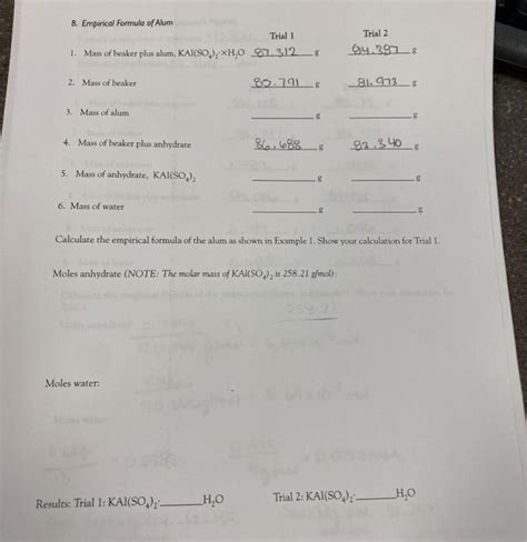 Solved B Empirical Formula Of Alum Trial 1 1 Mass Of Chegg