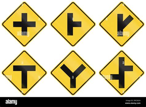 Collection Of Intersection Warning Signs Used In The USA Stock Photo