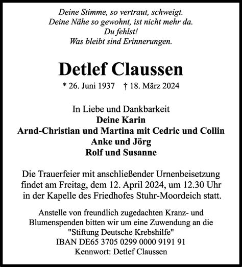 Traueranzeigen Von Detlef Claussen Trauer Gedenken