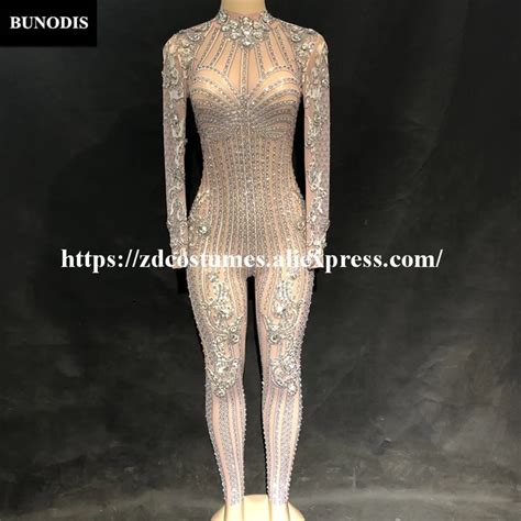 Zd27302 Hot Sell Net Yarn Series Women Sexy White Totem Jumpsuit Sparkling Crystals Bodysuit