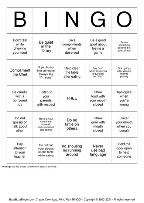 Manners B I N G O Bingo Cards To Download Print And Customize