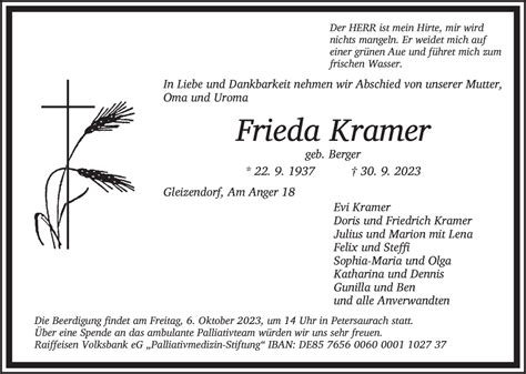 Traueranzeigen Von Frieda Kramer Trauer Flz De