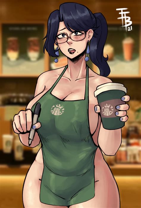 Rule 34 1girls Apron Apron Only Barista Black Hair Blue Eyes Blurry Background Cleavage Coffee