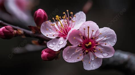 Bunga Sakura Merah Muda Kecil Dengan Tetesan Air Prem Bunga Sakura