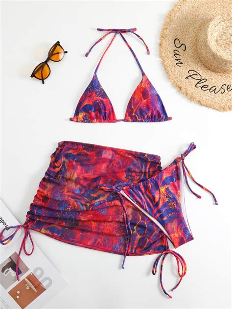 SHEIN Swim Vcay Allover Print Bikini Set Halter Triangle Bra Tie Side