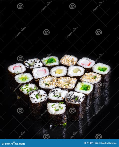 Sushi On A Black Background 17 Stock Photo - Image of mirror, delicious ...