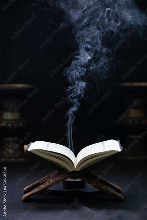 Quran In The Mosque Open For Prayers The Black Background Of The